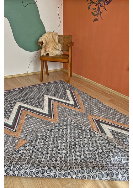 4004 Boho İskandinav Stil Rustik Lacivert Kilim