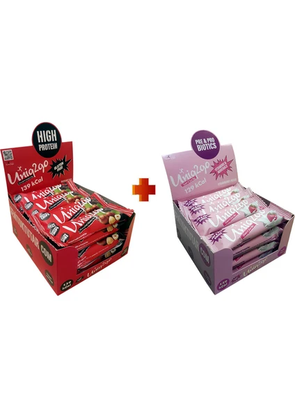 UNIQ2GO Chocodark Fındıklı Bitter 16’lı Yanında UNIQ2GO Tatlı-Ekşi Pre-Probiyotik 16'lı (Toplam 32 tane) 38 gr Protein Bar