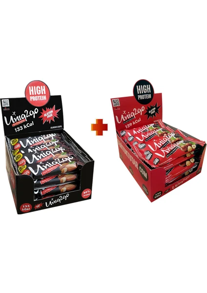 UNIQ2GO Chocodark Fındıklı Bitter 16’lı Yanında UNIQ2GO Power Bademli 16'lı Kutu (Toplam 32 tane)38 gr protein Bar