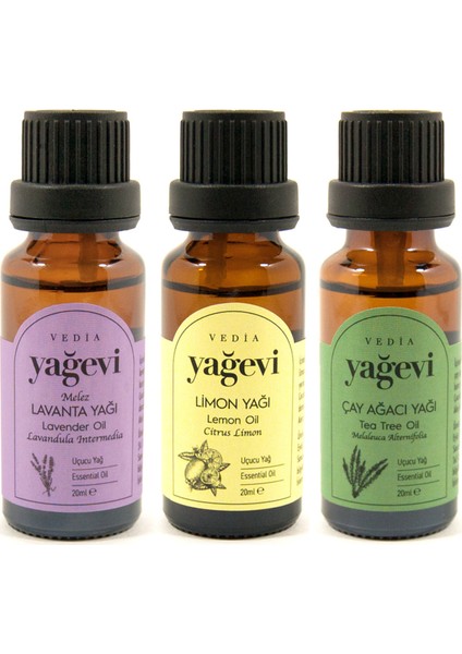 Lavanta Uçucu Yağı 20 ml + Limon Uçucu Yağı 20 ml + Çay Ağacı Uçucu Yağı 20 ml 3'lü Set Büyük Boy