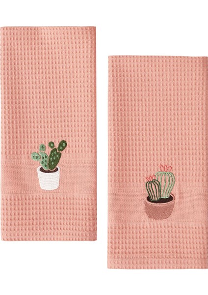 2'li Tea Towel Kaktüs Nakışlı Somon 50 x 70 cm Kurulama Bezi Seti