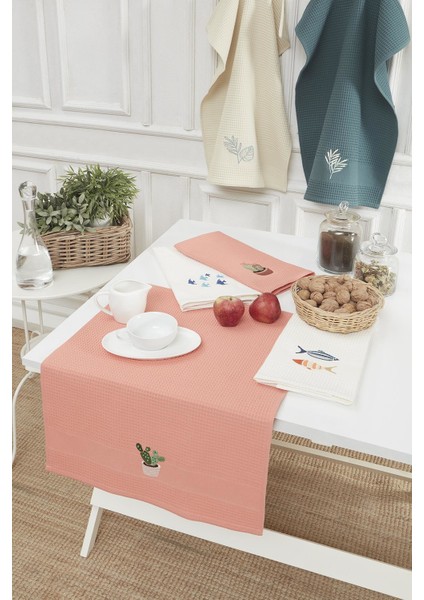 2'li Tea Towel Kaktüs Nakışlı Somon 50 x 70 cm Kurulama Bezi Seti