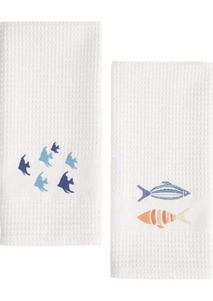 2'li Tea Towel Balık Nakışlı Krem Rengi 50 x 70 cm Kurulama Bezi Seti