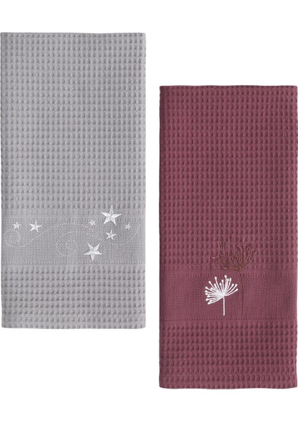 2'li Tea Towel Yıldız Nakışlı Bordo & Gri 50 x 70 cm Kurulama Bezi Seti