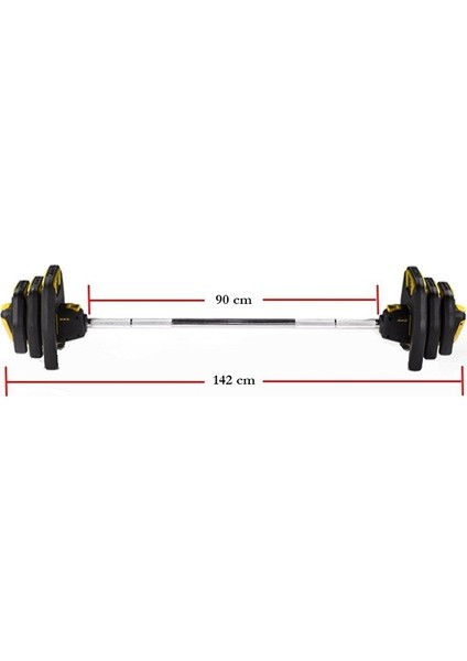 Profesyonel Ayarlanabilir Barbell ve Ağırlık Seti 142 cm 20 kg Sarı