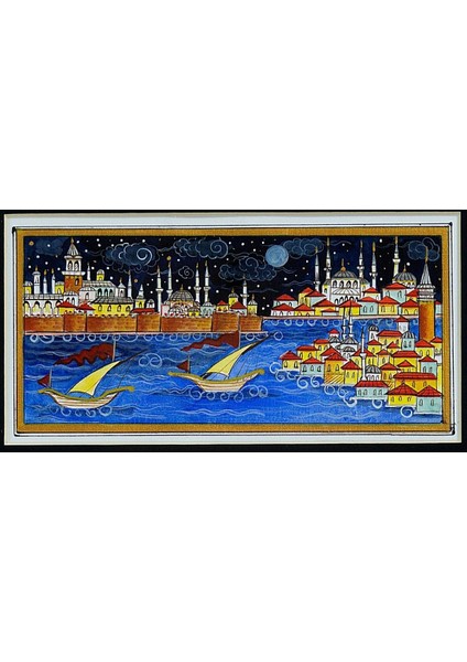 Pazar Minyatür 25x20 cm El Yapımı Dekoratif Çerçeveli Topkapı Sarayı ve Kız Kulesi Gece