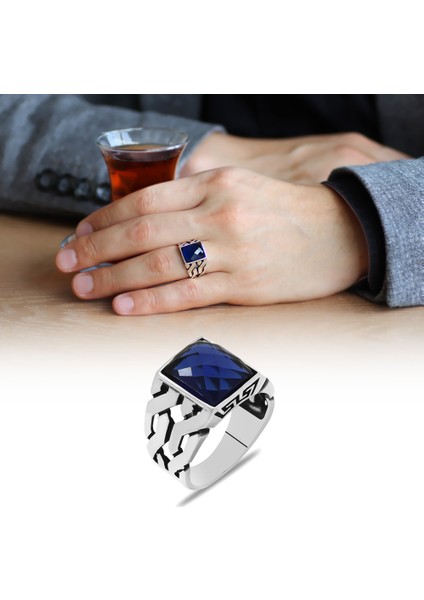 Zincir Tasarım Faset Mavi Zirkon Taşlı 925 Ayar Gümüş Erkek Yüzük fiyatları