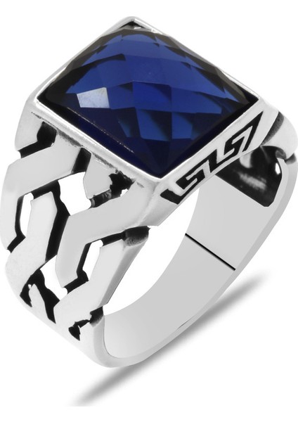 Zincir Tasarım Faset Mavi Zirkon Taşlı 925 Ayar Gümüş Erkek Yüzük fırsatları
