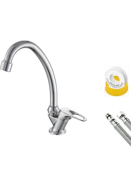 Tek Su Girişli Evye Lavabo Bataryası Set Flex Hortum Teflon Bant
