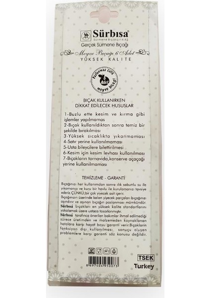 Sürmene 61007 Meyve Bıçağı 6'lı ( Ağız Boyu: 7.0 ) Pembe fiyatları