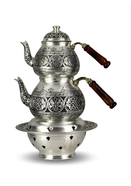 Bakır Çaydanlık Beyaz 1 mm Kalın Keski Eskitme 2,6 lt ve Isıtıcı