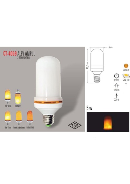 CT-4059 5 W LED Alev Ampül 3 Fonksiyon Gerçek Alev Efekt