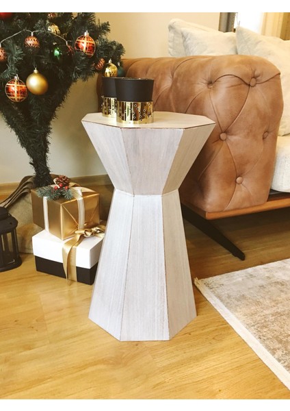 Dipole Furniture Darbuka Doğal Ahşap Ceviz Kaplama Beyaz Sehpa