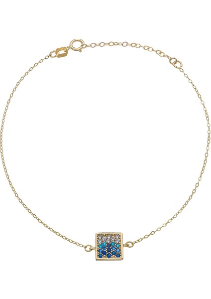 Renkli Taşlı Kare 14 Ayar Altın Kadın Bileklik