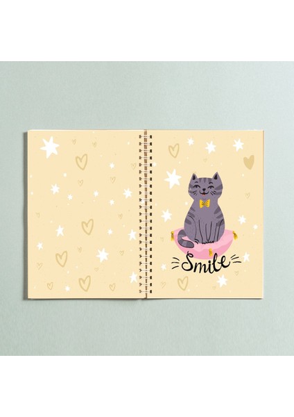 PYTKDT0195 Kedi Tasarımlı Spiralli 96 Yaprak Çizgisiz Defter