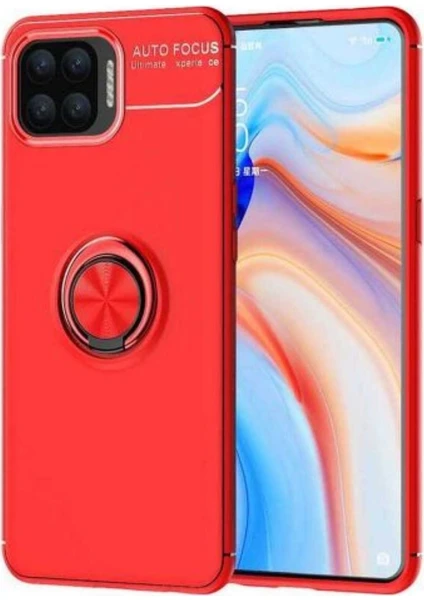 Case 4U Oppo Reno 4 Lite Kılıf Yüzüklü Darbeye Dayanıklı Ravel Arka Kapak Kırmızı