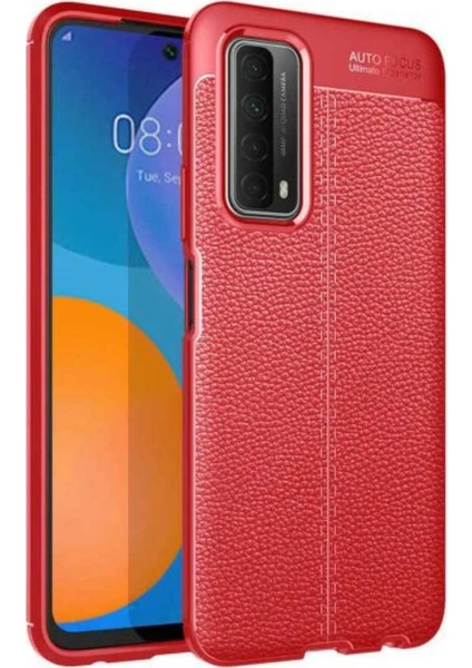 Case 4U Huawei P Smart 2021 Kılıf Rugan Armor Deri Görünümlü Yüksek Kalite Silikon Niss Kırmızı