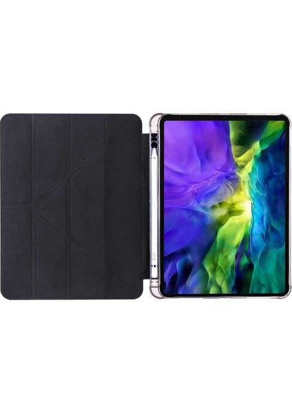 Apple iPad Pro 11 Kılıf + Kalem Kalem Bölmeli Tri Folding Smart Standlı Pu Deri Arkası Yumuşak Silikon 360 Tam Koruma Pembe