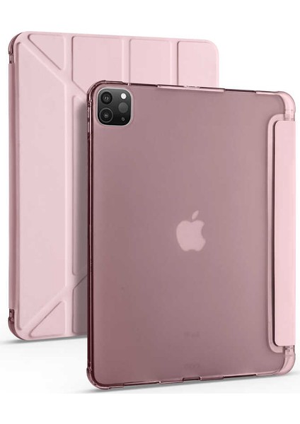 Apple iPad Pro 11 Kılıf + Kalem Kalem Bölmeli Tri Folding Smart Standlı Pu Deri Arkası Yumuşak Silikon 360 Tam Koruma Pembe