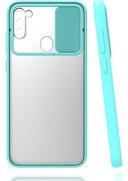 - Samsung Galaxy A11 - Kılıf Slayt Sürgülü Arkası Buzlu Lensi Kapak - Turkuaz - T15437