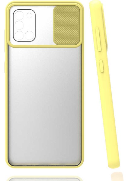 - Samsung Galaxy A31 - Kılıf Slayt Sürgülü Arkası Buzlu Lensi Kapak - Sarı - T15440