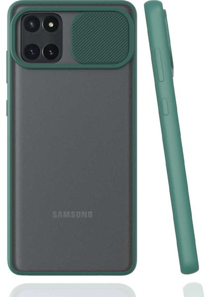 - Samsung Galaxy A81 (Note 10 Lite) - Kılıf Slayt Sürgülü Arkası Buzlu Lensi Kapak - Koyu Yeşil - T15441