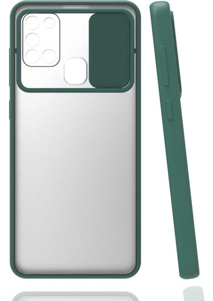 - Samsung Galaxy M31 - Kılıf Slayt Sürgülü Arkası Buzlu Lensi Kapak - Koyu Yeşil