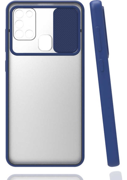 - Samsung Galaxy M31 - Kılıf Slayt Sürgülü Arkası Buzlu Lensi Kapak - Lacivert - T15442