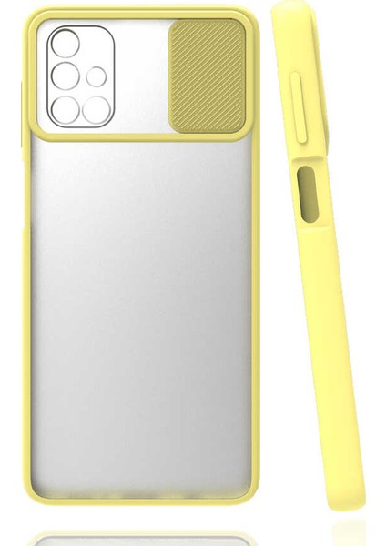 - Samsung Galaxy M51 - Kılıf Slayt Sürgülü Arkası Buzlu Lensi Kapak - Sarı - T15444
