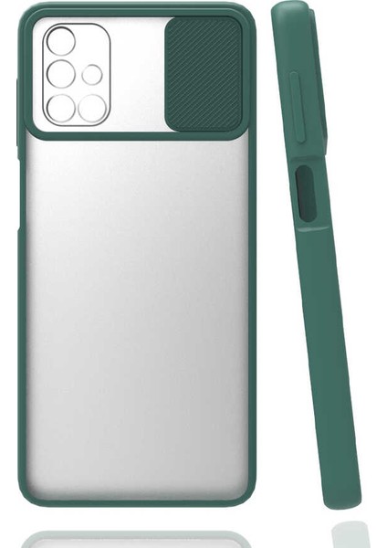 - Samsung Galaxy M51 - Kılıf Slayt Sürgülü Arkası Buzlu Lensi Kapak - Koyu Yeşil - T15444