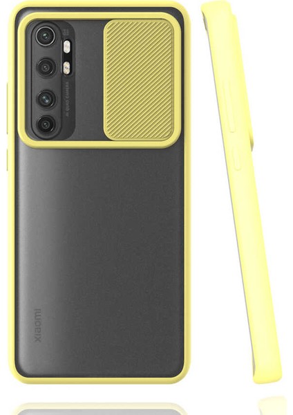 - Xiaomi Mi Note 10 Lite - Kılıf Slayt Sürgülü Arkası Buzlu Lensi Kapak - Sarı - T15452