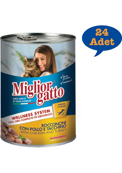 Miglior Gatto Tavuklu ve Hindi Etli Konserve Yetişkin Kedi Maması 405 gr 24 Adet