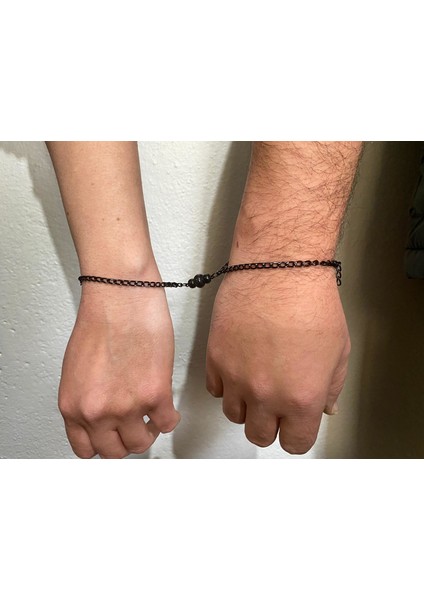 Siyah Mıknatıslı Zincir Çift Sevgili Bilekliği