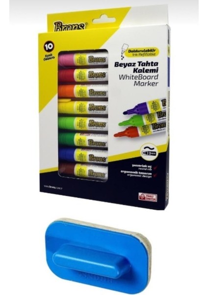 Whiteboard Marker Doldurulabilir Beyaz Tahta Kalemi Seti 10 Renk + Tahta Silgisi Br-10