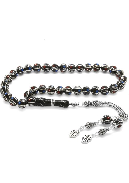 925 Ayar Gümüş Püsküllü Gümüş-Mercan-Firuze Işlemeli Erzurum Oltu Taşı Tesbih