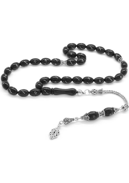 925 Ayar Gümüş Püsküllü Gümüş Hafif Işlemeli Arpa Kesim Erzurum Oltu Taşı Tesbih