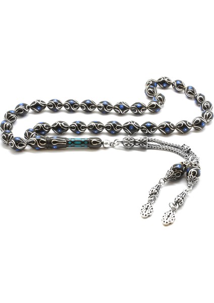 925 Ayar Gümüş Püsküllü Gümüş-Firuze Işlemeli Arpa Kesim Erzurum Oltu Tesbih(M3)