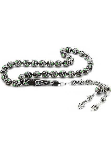 925 Ayar Gümüş Püsküllü Gümüş-Mine Işlemeli Arpa Kesim Erzurum Oltu Taşı Tesbih