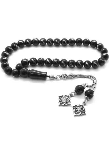 925 Ayar Gümüş Tuğra Püsküllü Gümüş Işlemeli Küre Kesim Rus Oltu Tesbih