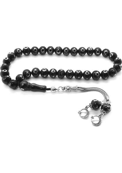 925 Ayar Gümüş Ay Yıldız Püsküllü Gümüş Ay Yıldız Işlemeli Rus Oltu Tesbih