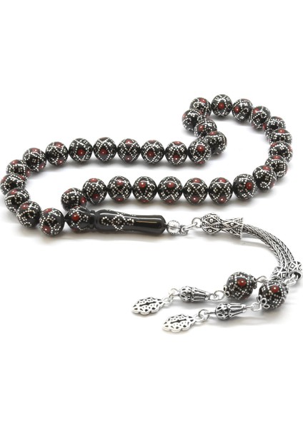 925 Ayar Gümüş Püsküllü Gümüş-Mercan Işleme Küre Kesim Erzurum Oltu Taşı Tesbih