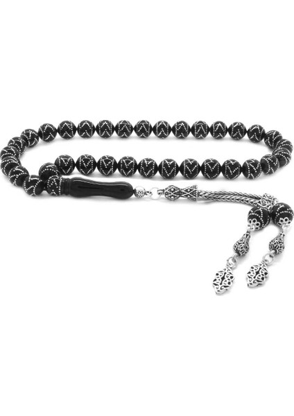 925 Ayar Gümüş Püsküllü Gümüş Zigzag Işlemeli Erzurum Oltu Taşı Tesbih