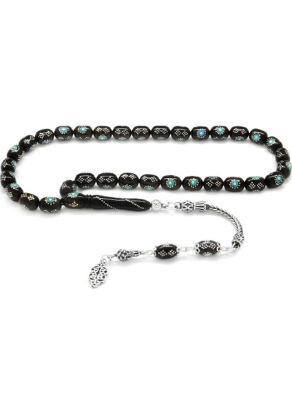 925 Ayar Gümüş Püsküllü Gümüş-Firuze Işlemeli Silindir Kesim Erzurum Oltu Taşı Tesbih