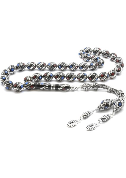 925 Ayar Gümüş Püsküllü Gümüş-Firuze-Mercan Arpa Kesim Erzurum Oltu Tesbih (M-2)