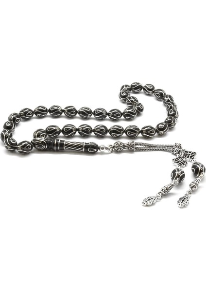 925 Ayar Gümüş Püsküllü Gümüş Işlemeli Arpa Kesim Erzurum Oltu Taşı Tesbih (M-1)