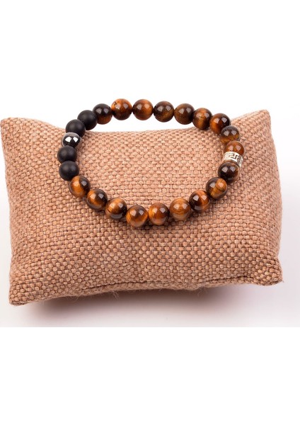 Kaplan Gözü Taşı Bileklik - Üç Taşlı - 8 mm