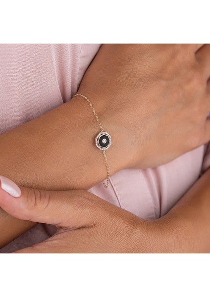 14 Ayar Altın Siyah Mineli Geometrik Zarif Kadın Bileklik