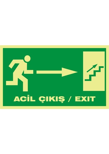 Fotolümen Acil Çıkış / Exıt (Sağ Yukarı Merdiven) 2.6 mm PVC Uyarı Levhası 15 x 30 cm