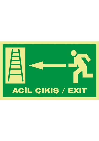 Fotolümen Acil Çıkış / Exıt (Sol Dik Merdiven) 2.6 mm PVC Uyarı Levhası 15 x 30 cm