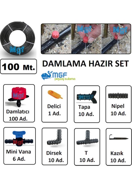 Mgf Plast 100 Mt. Damla Sulama Borusu Deliksiz Damlama Sulama Hortumu Hazır Aparatlı Seti Sistemi